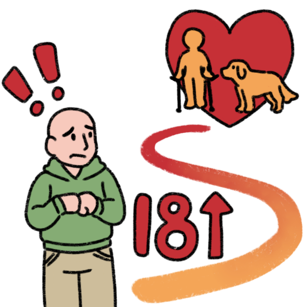  a person anxiously standing at a distance from their loved ones. They are a bald and wear a green hoodie and cargo pants. Above them are two red exclamation points, and the number 18 with an upwards pointing arrow beside them. Their loved ones are a dog and an indistinct person using forearm crutches, and they stand in front of a red heart. A red and yellow path leads between the two